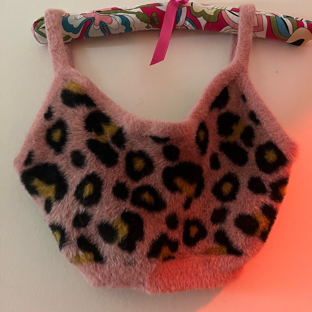 For Love and Lemons Angelina Fuzzy Pink Leopard Crop Top stretch knit